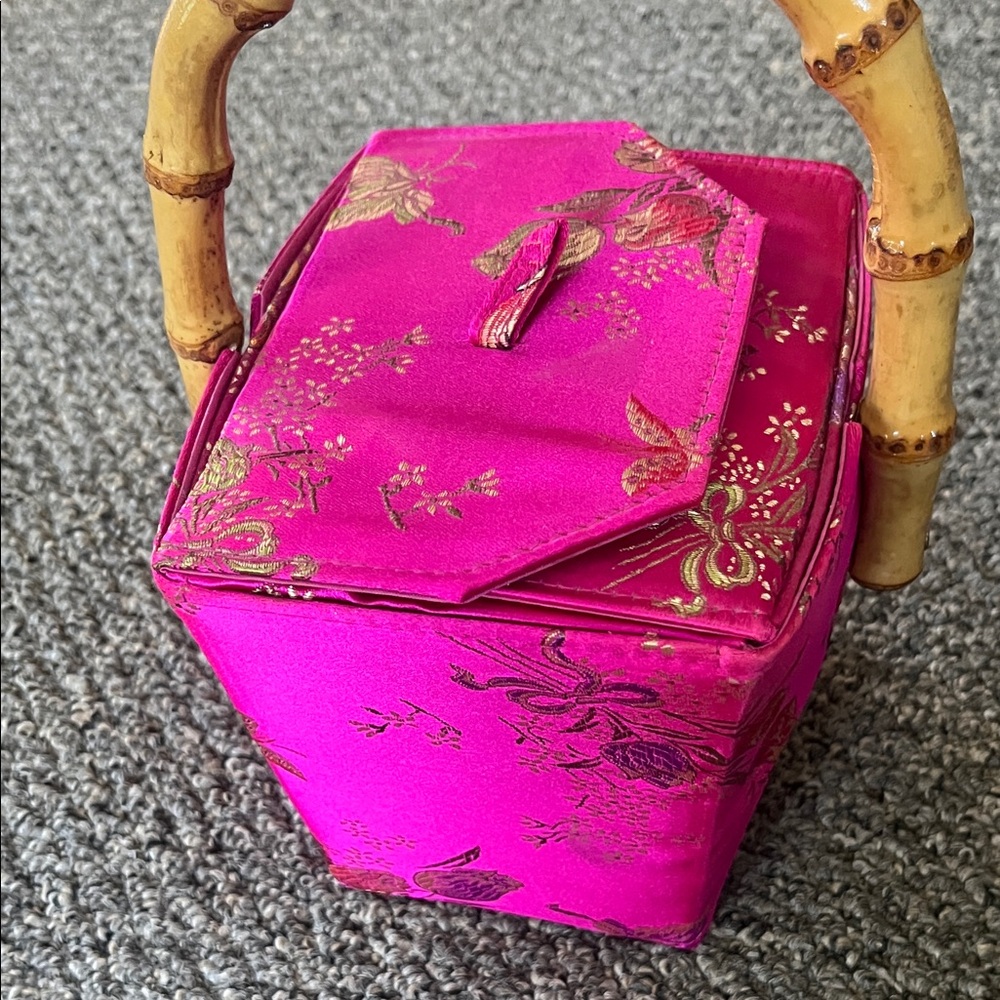 Vibrant Pink Floral Mini Bag with Bamboo Handle